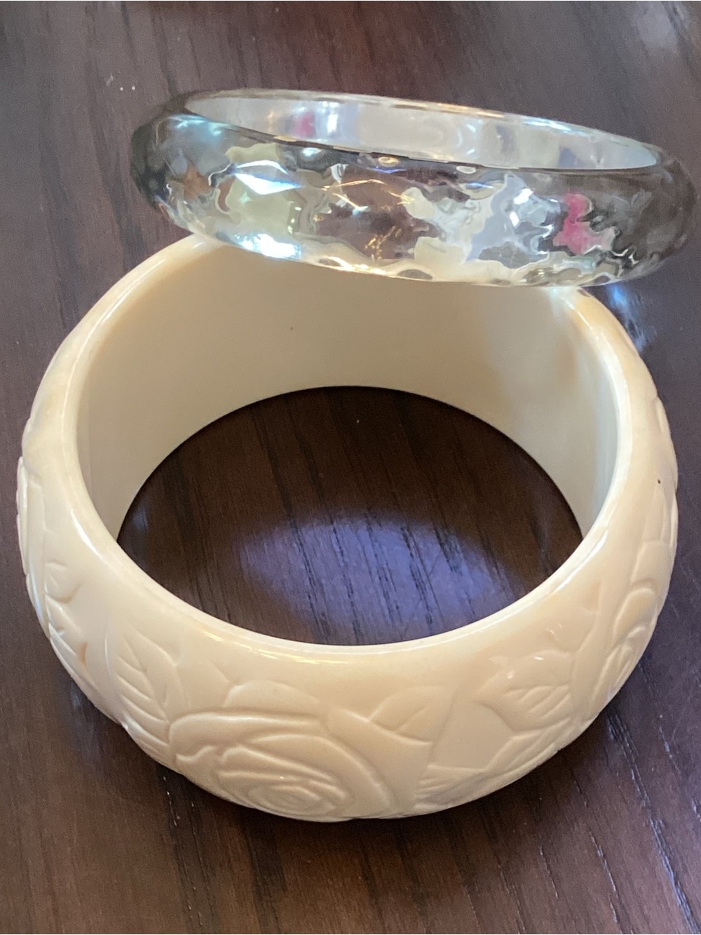 Set of Two Bangle Bracelets - Clear Lucite and Ivory Floral